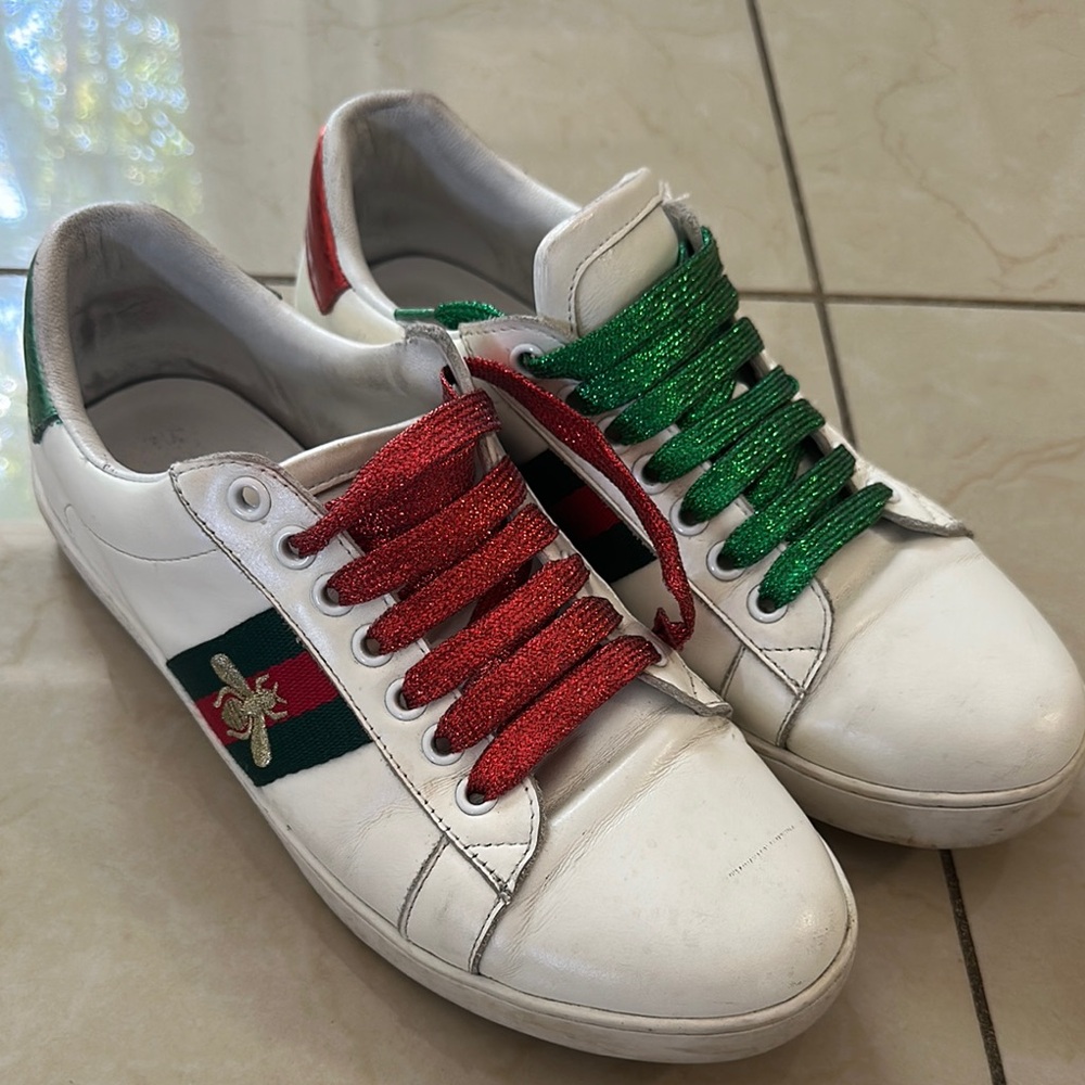 White Sneakers with Red and Green Glitter Laces